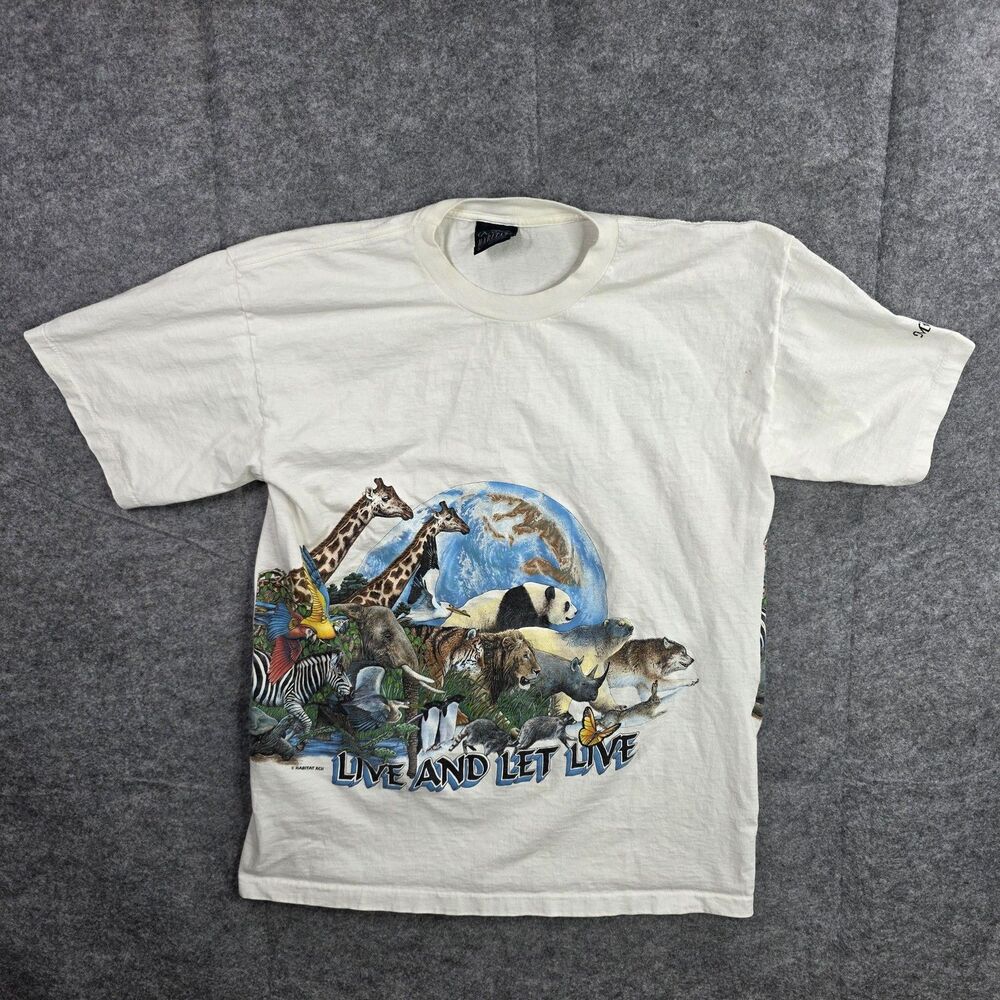 Vintage‎ Habitat Shirt Mens Large White Live And Let Live Animal Zoo Graphic 90s